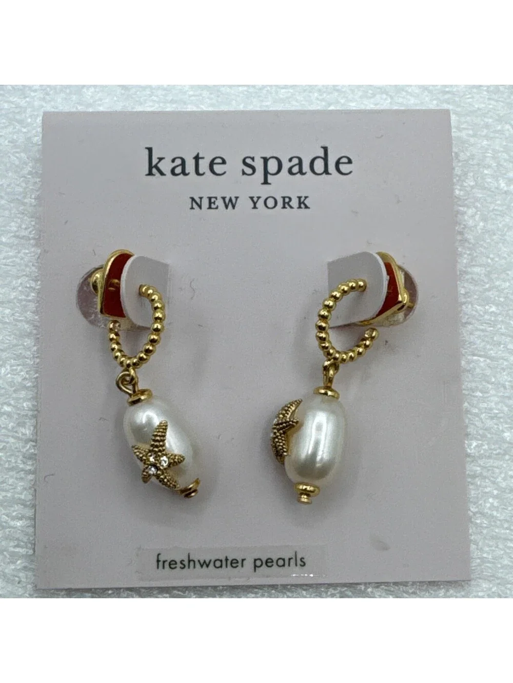 Kate Spade Coral Enamel Fresh Water Pearl Drop Earrings Starfish Gold Tone 1”